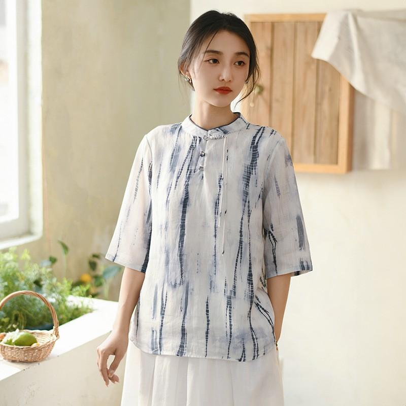 Johnature T-shirt a righe da donna Manica corta estiva Stile cinese Abbigliamento da donna Bottoni T-shirt vintage