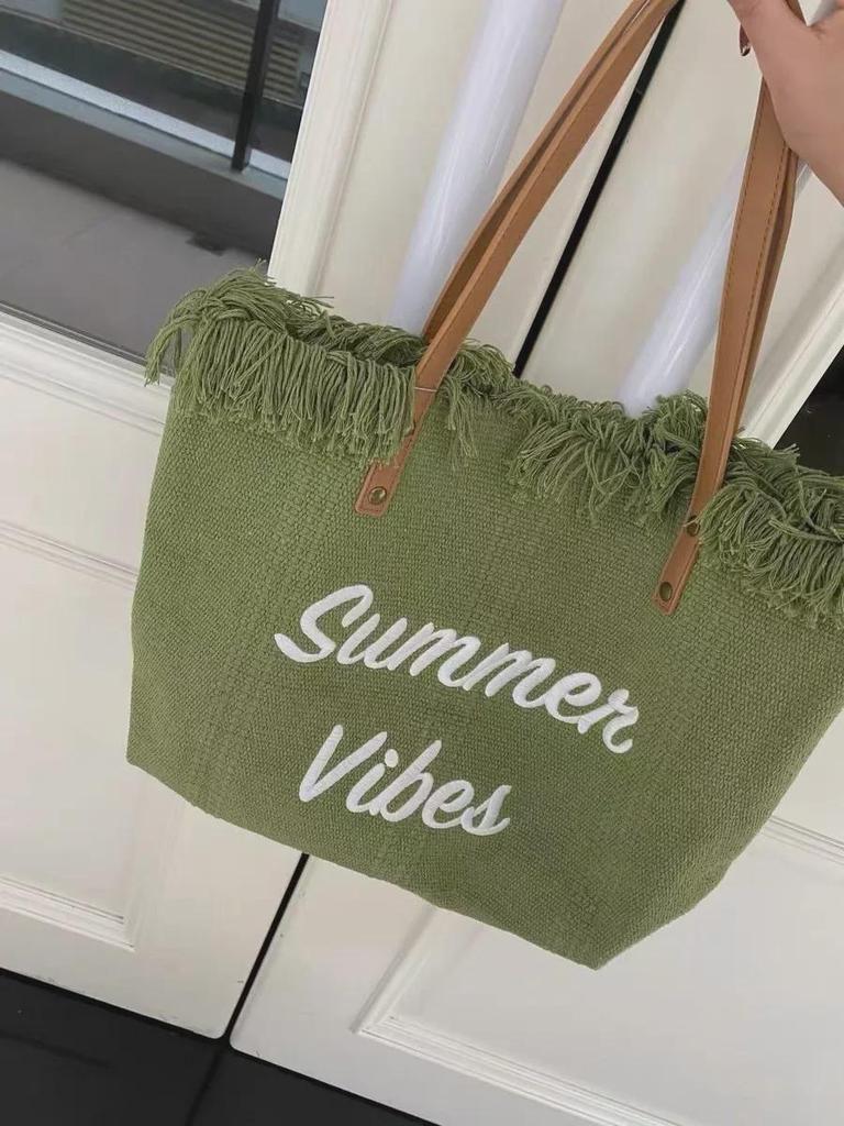 Women's Large Capacity Canvas Tote with Embroidered Letters - Braided Beach & Shoulder Handbag