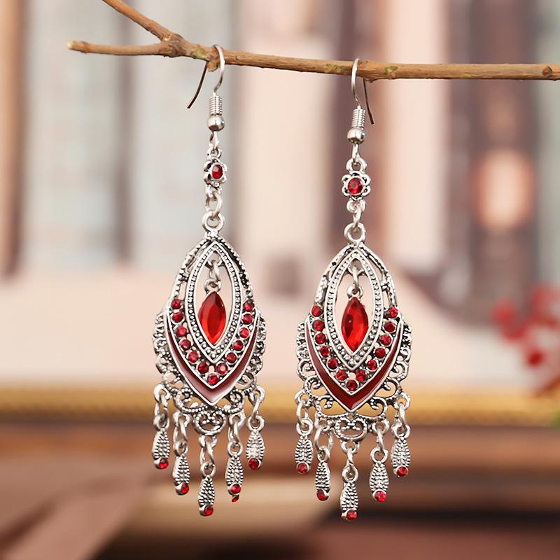 Bohemian Ethnic Colorful Rhinestone Acrylic Drop Earrings for Women Vintage Long Antique Silver Color Tassel Earrings Jewelry