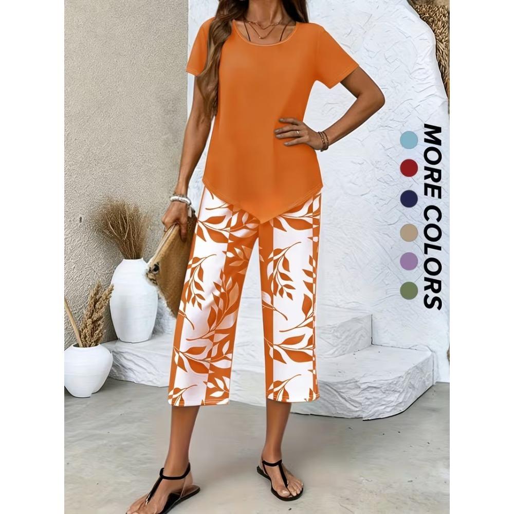 Women Summer Fashion Two Piece Set, Stylish Slimming Short Sleeve Top, High Waist Wide Leg Pants, Elegant Casual Matching Outfit