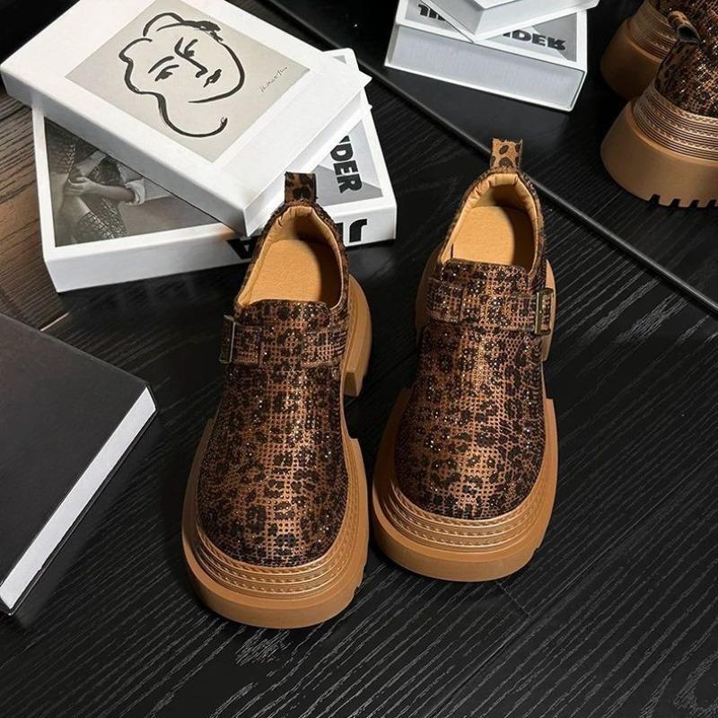 2025 Women's Platform Loafer Shoes Leopard Print Rhinestone Korean Style Spring and Autumn Thick Sole Height Increase Shoes