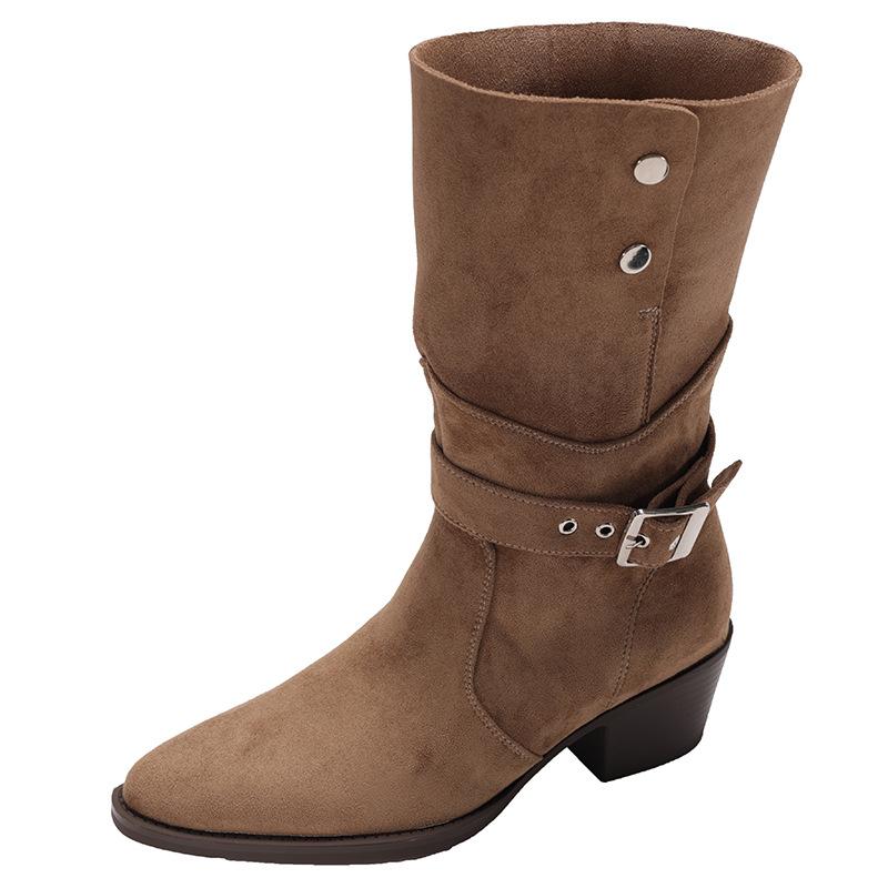Khaki retro pointed thick heel boots women's 2025 new autumn versatile small man height and thinness knight boots