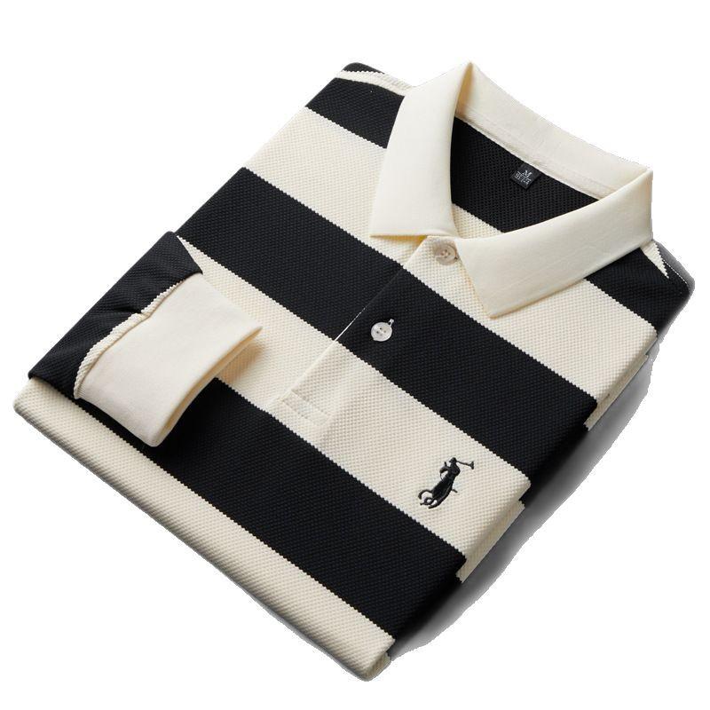 Polo à manches longues à rayures larges noir et blanc, t-shirt brodé décontracté pour homme