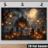 2D planar Halloween-themed background fabric, featuring Gothic spired castle, full moon, dark clouds, bats, and tombstones