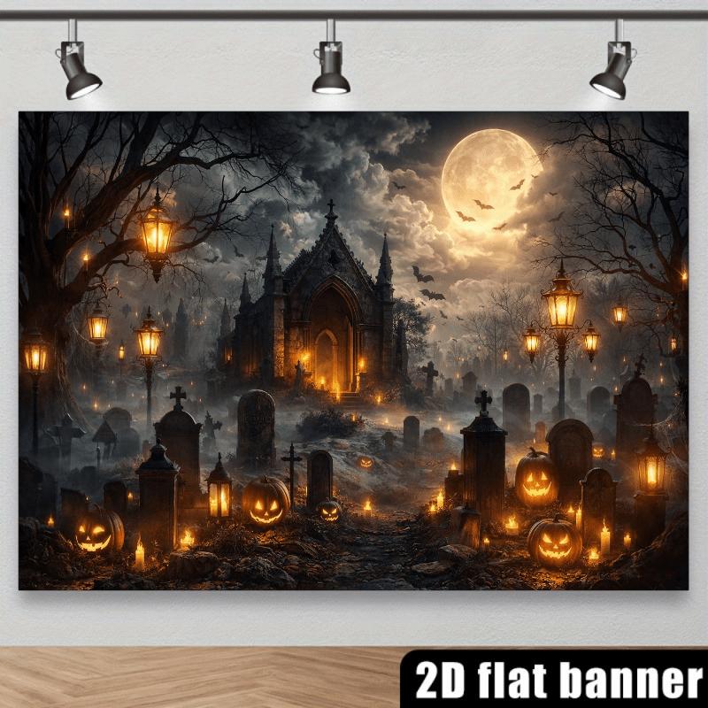 2D planar Halloween-themed background fabric, featuring Gothic spired castle, full moon, dark clouds, bats, and tombstones