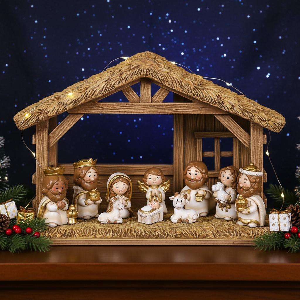 Cartoon Christmas Nativity Scene Figurines Hand-Painted Resin Decor Set for Holiday Home Decoration Gift