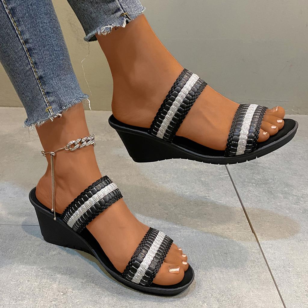 fashion Summer Flip Flops Women Wedge Slippers Fashion Platform Shoes Open Toe Wedges Sandals Strap Crystal Shoes for Women Plus Size 42