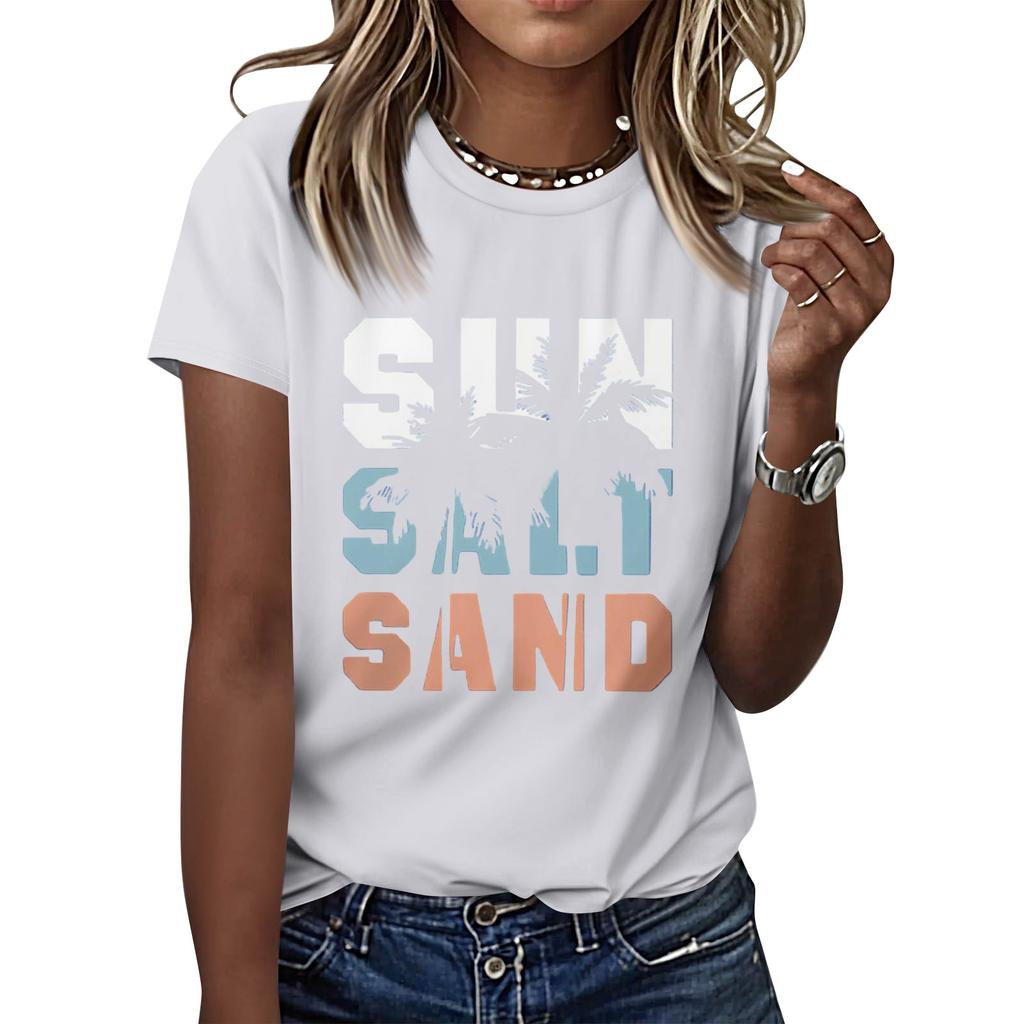 Dámské ležérní tištěné tričko s kulatým výstřihem, svetr s krátkým rukávem