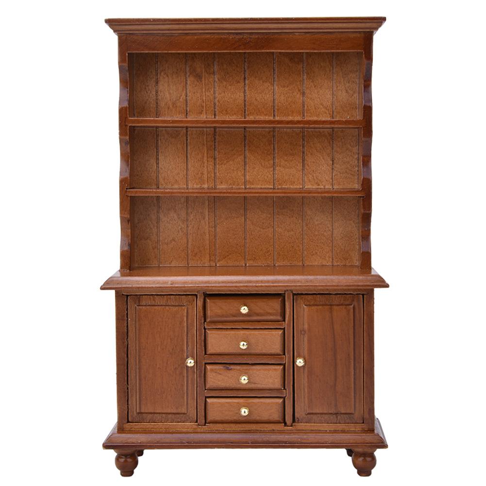 

1:12 Меблі Трирівнева дерев яна книжкова шафа-тумба з 4 шухлядами Модель іграшки(Коричневий )