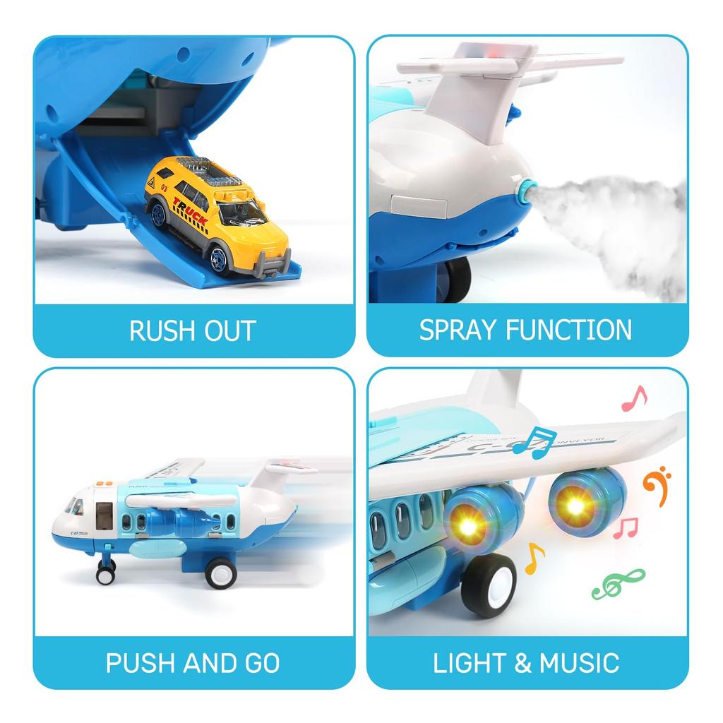 Airplane Plane Toy With Smoke Sound Light Fricton Powered Educational Toy Vehicle With Mini Cars Great Gift For Boys Girls