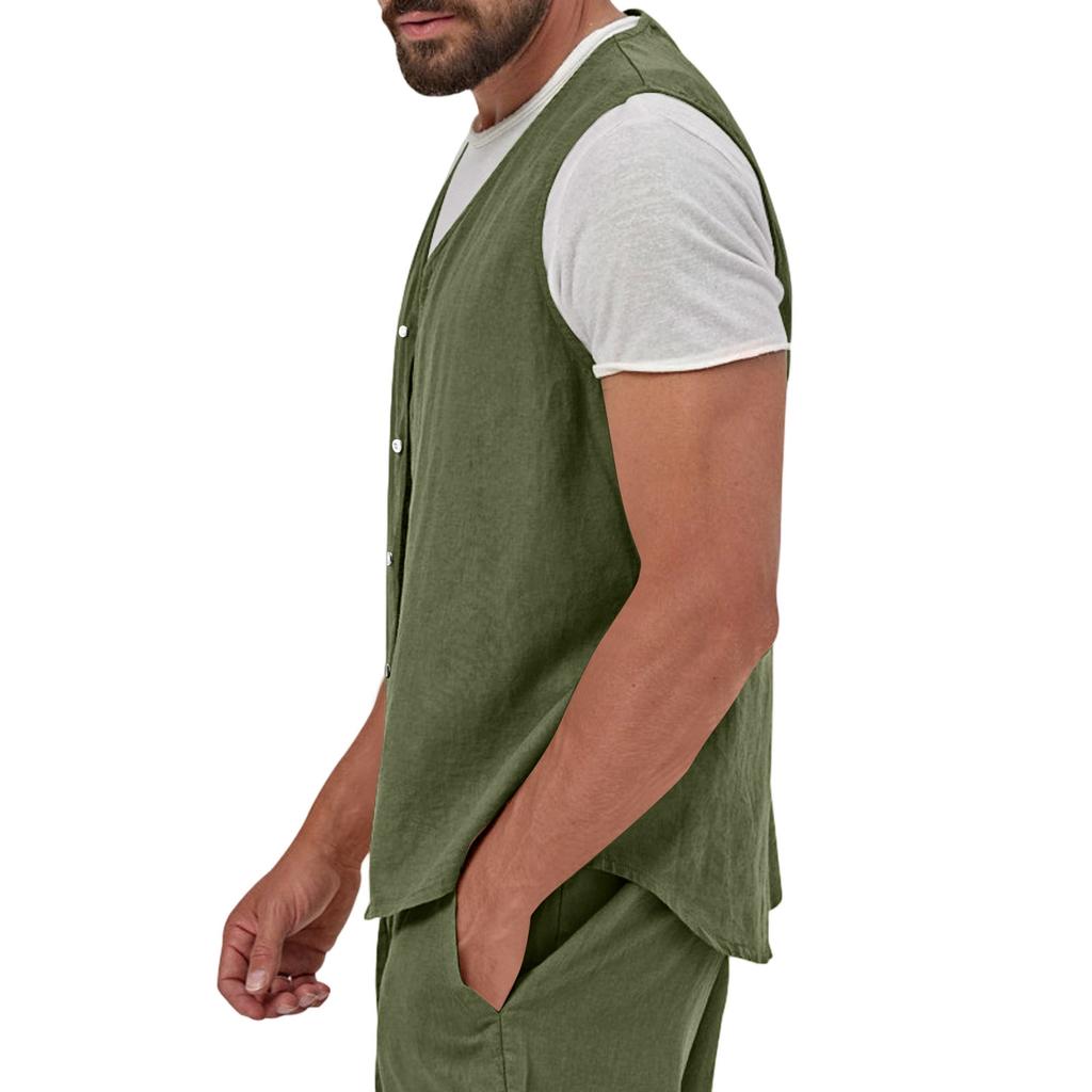 Men's Lightweight Button Front Linen Vest Sleeveless Casual Summer Shirt Non-Iron Breathable Fabric Relaxed Fit