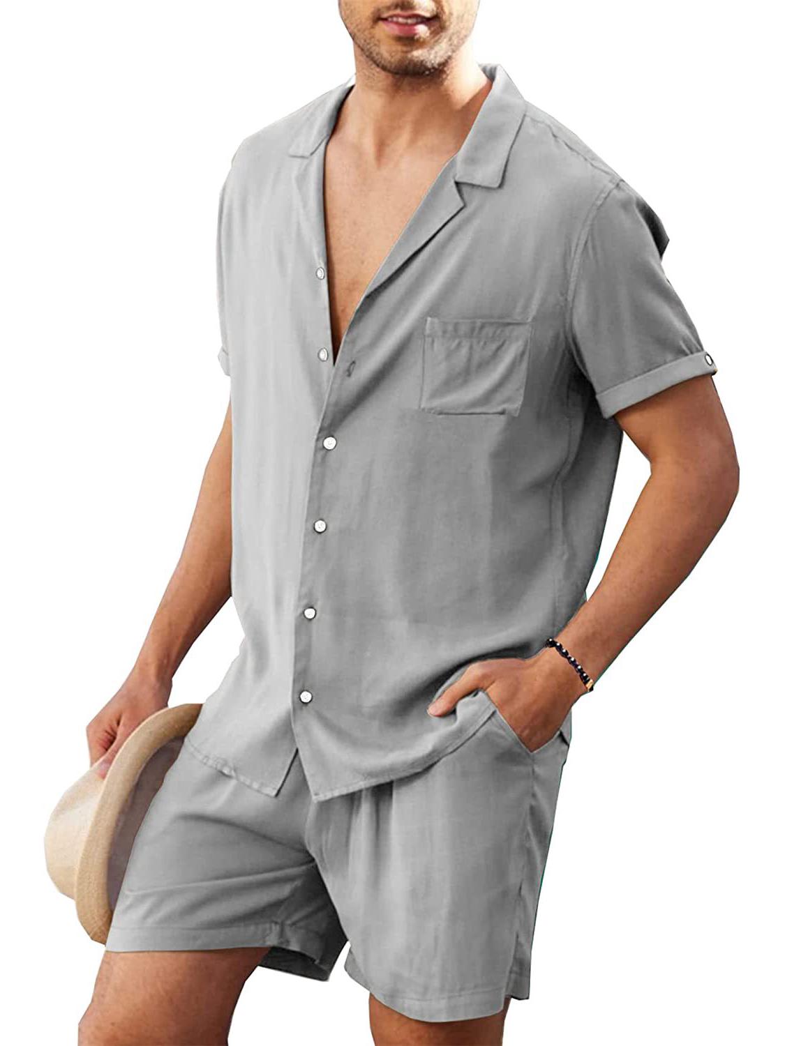 Men s Short-Sleeve Linen Shirt & Shorts Set - Casual Summer Loose Fit M