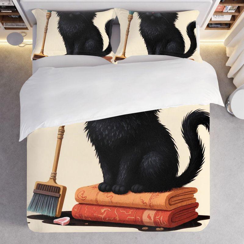 3-Piece Bedding Pillowcase Quilt Cover Set Cartoon Cute Black Cat 2D Digital Printing Suitable For Bedroom Dormitory Decoration
