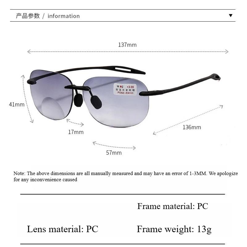Occhiali da lettura bifocali +1.0 +1.5 ~+4.0 Anti-blu Per vicino e lontano Occhiali da sole in TR90 per uomo donna Senza montatura Multifunzionali