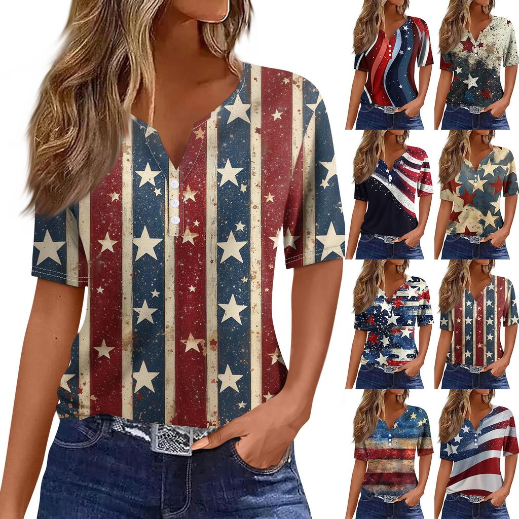 Dámské tričko Tričko Potisk knoflíku Krátký rukáv Denní víkend Móda Basic Top s výstřihem do V