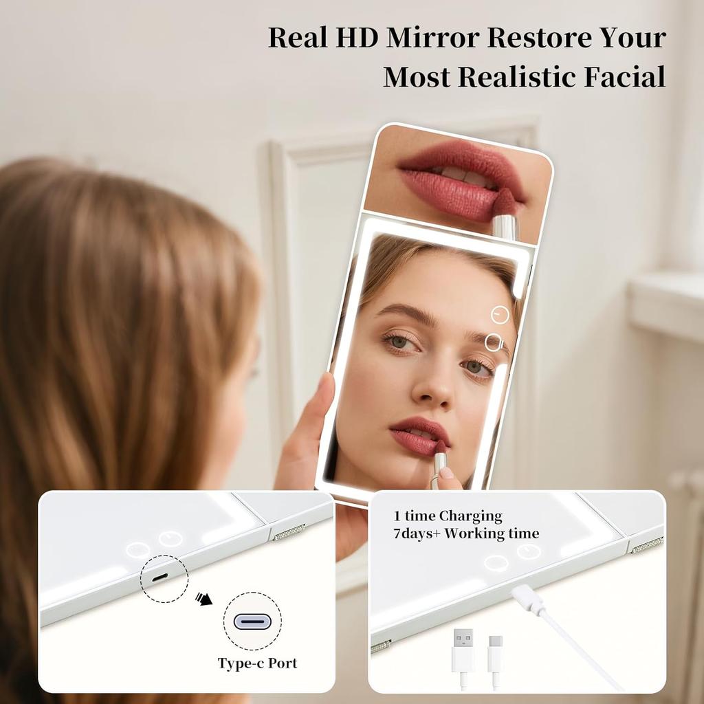 Car Sun Visor Makeup Mirror, Equipped With 3X Magnifying Glass And Three-Color Adjustable Brightness Soft Light Mirror, Rechargeable, Suitable For