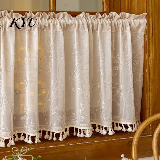 Landhausstil Badezimmerfensterdekoration Boho Kurzer Vorhang, Küche Café Transparenter Vorhang mit Quasten, Vintage Abdeckungen Blumenpflanzen Druck Bauernhaus
