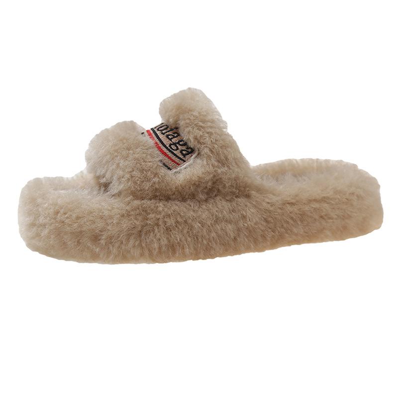 

Тапочки Mao Mao, женская верхняя одежда 2025 года, новые вышитые буквы, толстая подошва, осенне-зимние тапочки из овечьей шерсти с плоским дном и одним словом 40 хаки