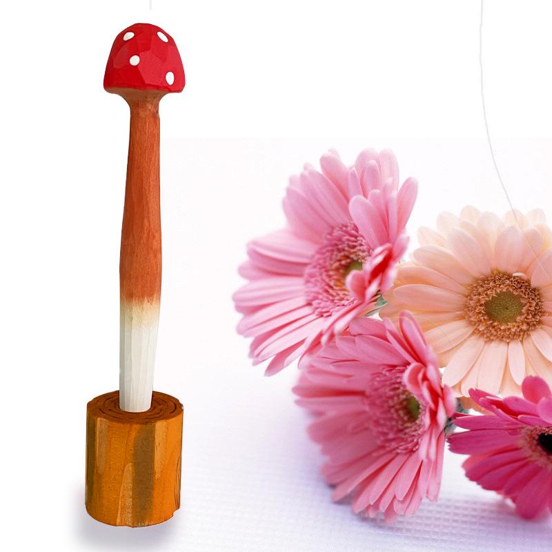 Cute Mushroom Handmade Wooden Carving Pen with Penholder - Creative Study Gift