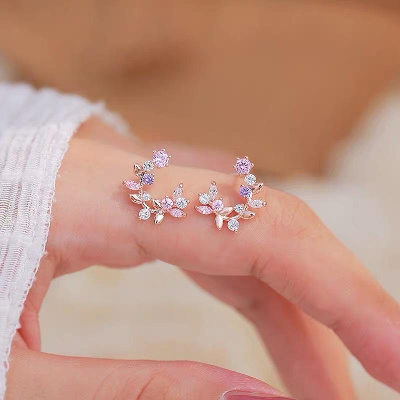 Korean New Colorful Rhinestone Wreath Stud Earrings Sweet Flower Crystal Pearl Brincos Women Party Birthday Jewelry Gift