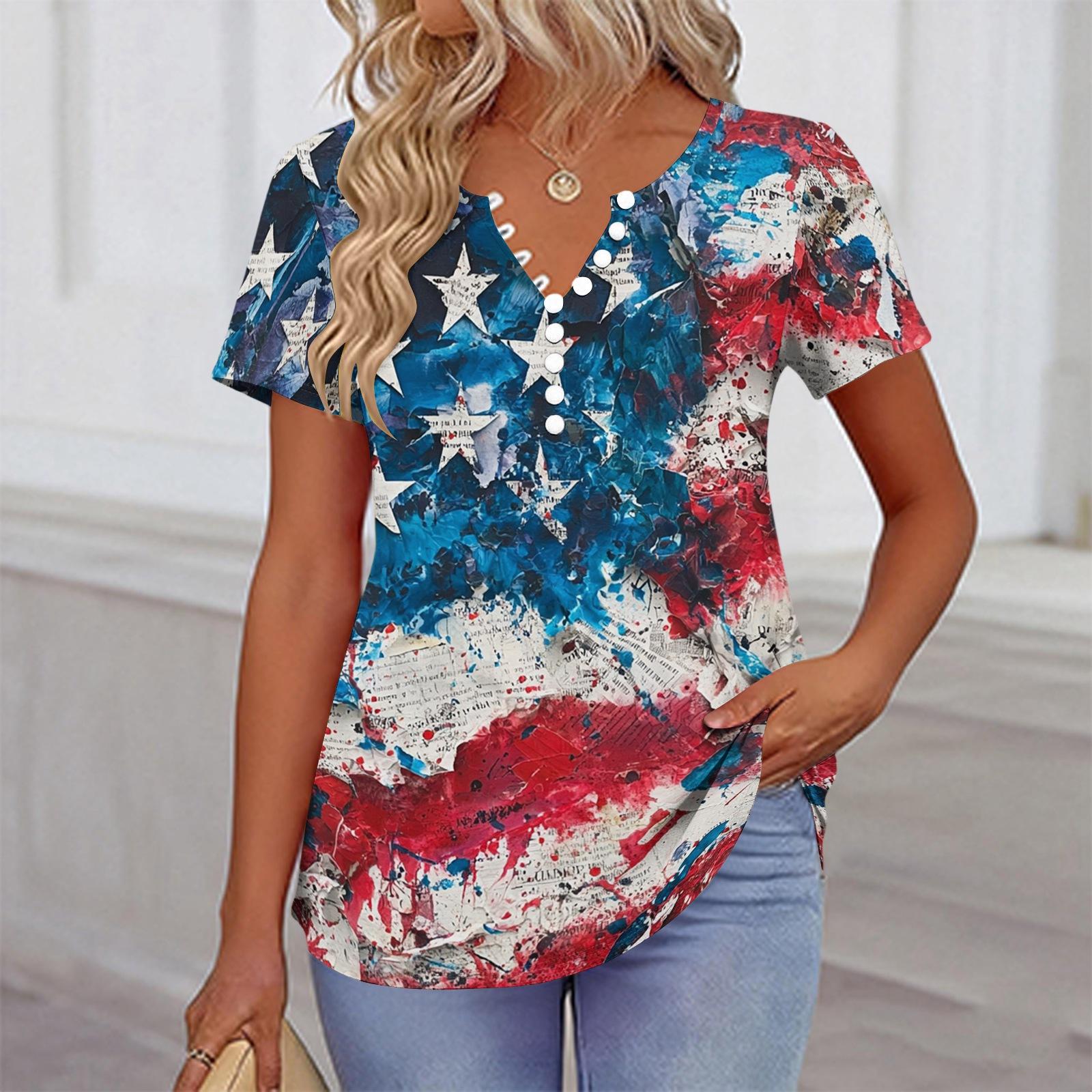 

Women’s Short Sleeve V Neck Star Print Casual Loose Fit Blouse Lightweight Summer Comfortable Top Shirt L синий