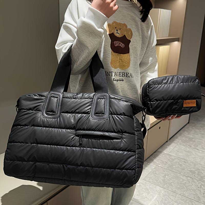 2pcs Large Capacity Padded Women's Tote Bag Set for Travel Fashionable Winter Quilted Handbags Designer Shoulder Bags for Women
