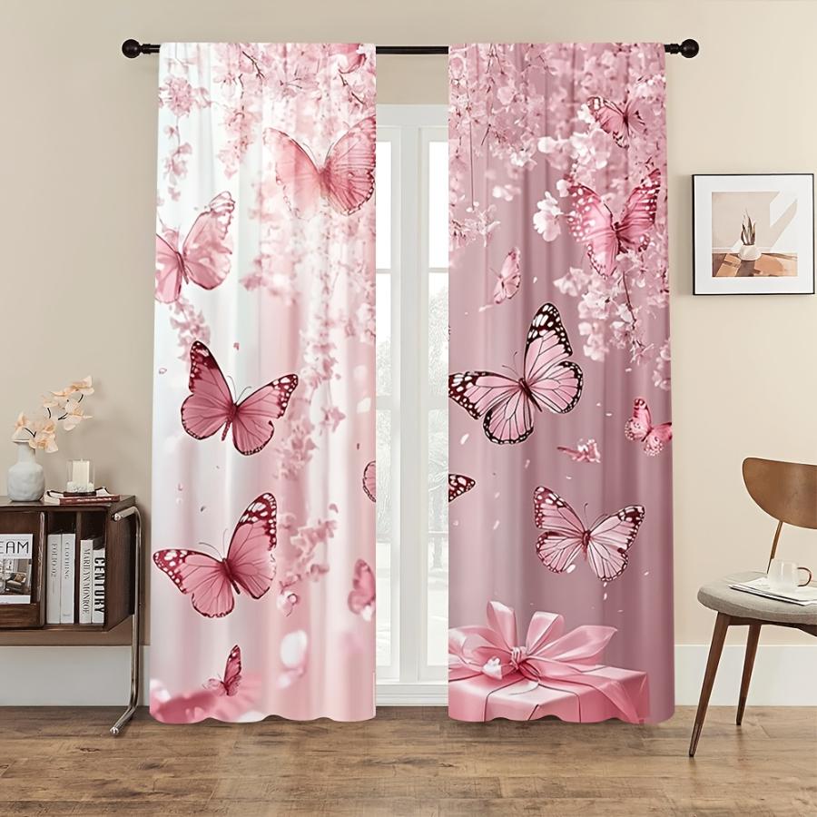 2PCS Digital Printed Curtains, Sakura Cherry Blossom Butterfly Pattern, Japanese Dreamy Soft Style for Bedroom Home Decor