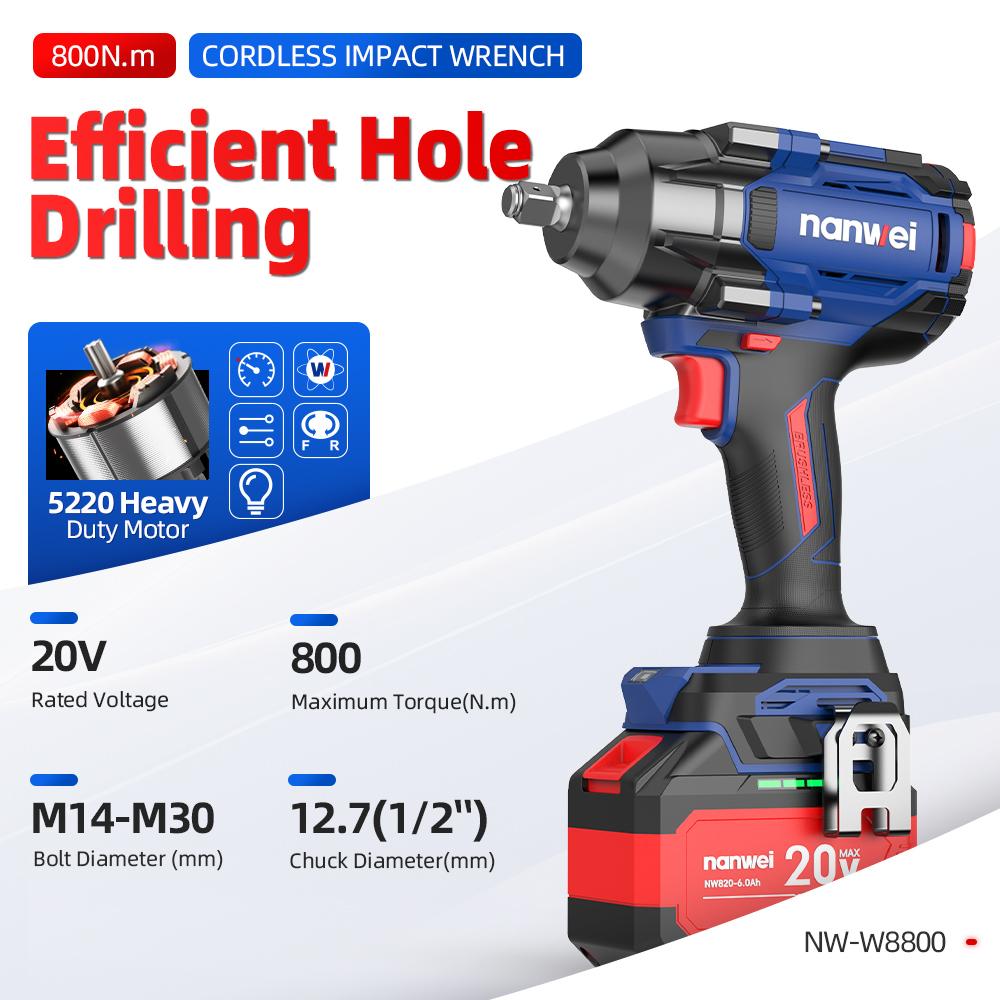 NANWEI 800N Electric Impact Wrench, Size 1/2, Adjustable Torque 500N/600N/800N
