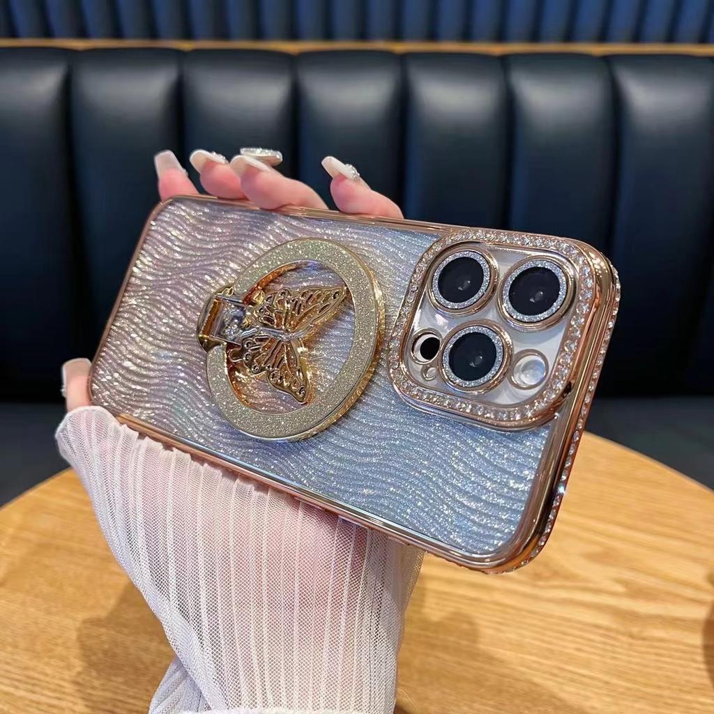Rhinestone Edge Glitter Butterfly Magnetic Suction Bracket Is Suitable for Apple 17PRO Anti-drop Mobile Phone Case iPhone16 Protective Case.