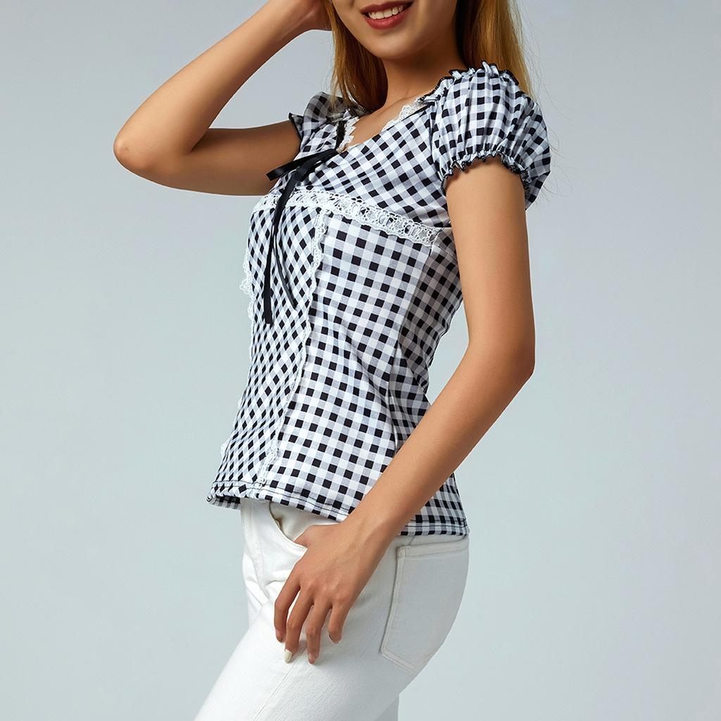 Female Tops, Plaid Lace Trim U-Neck Short Sleeve T-Shirt Close-Fitting Blouse for Summer, S/M/L