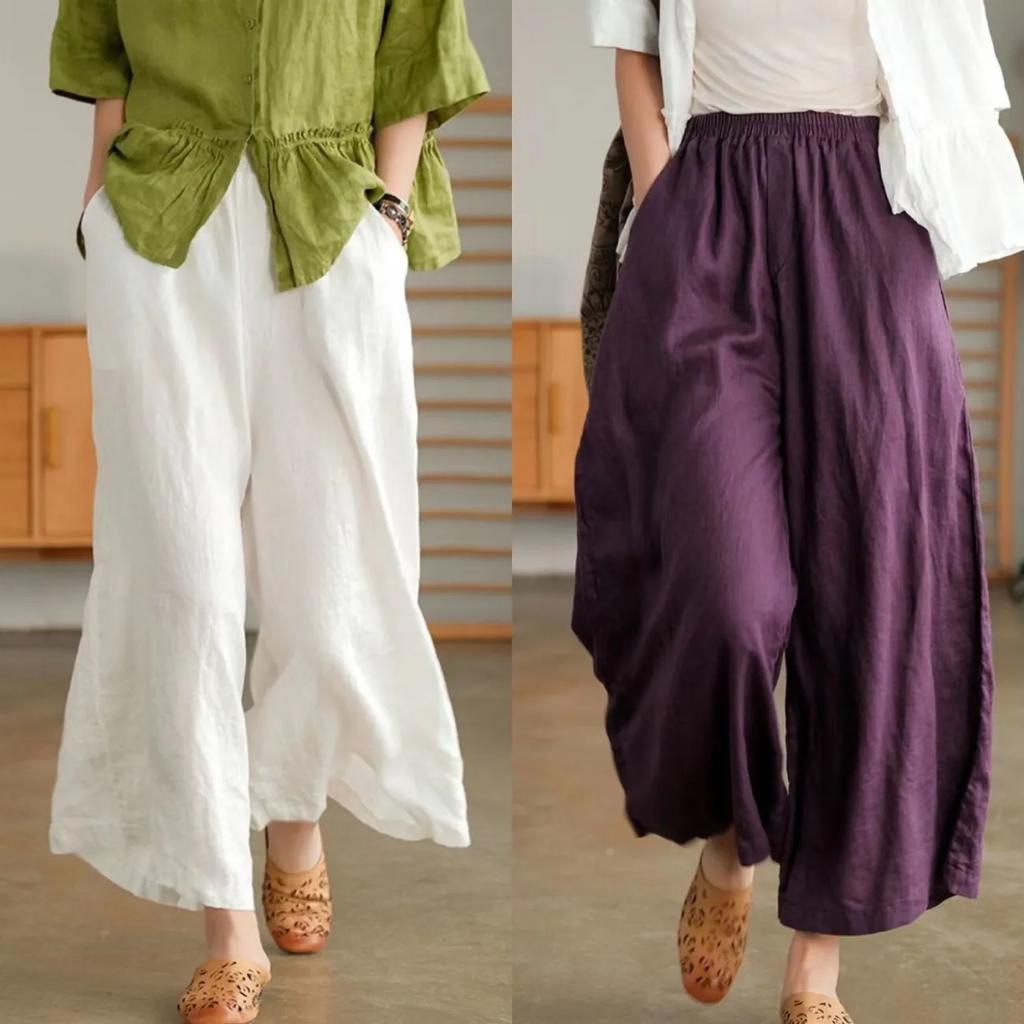 Fashion Women Loose Solid Color Casual Wide Leg Pants Cotton Linen Trousers