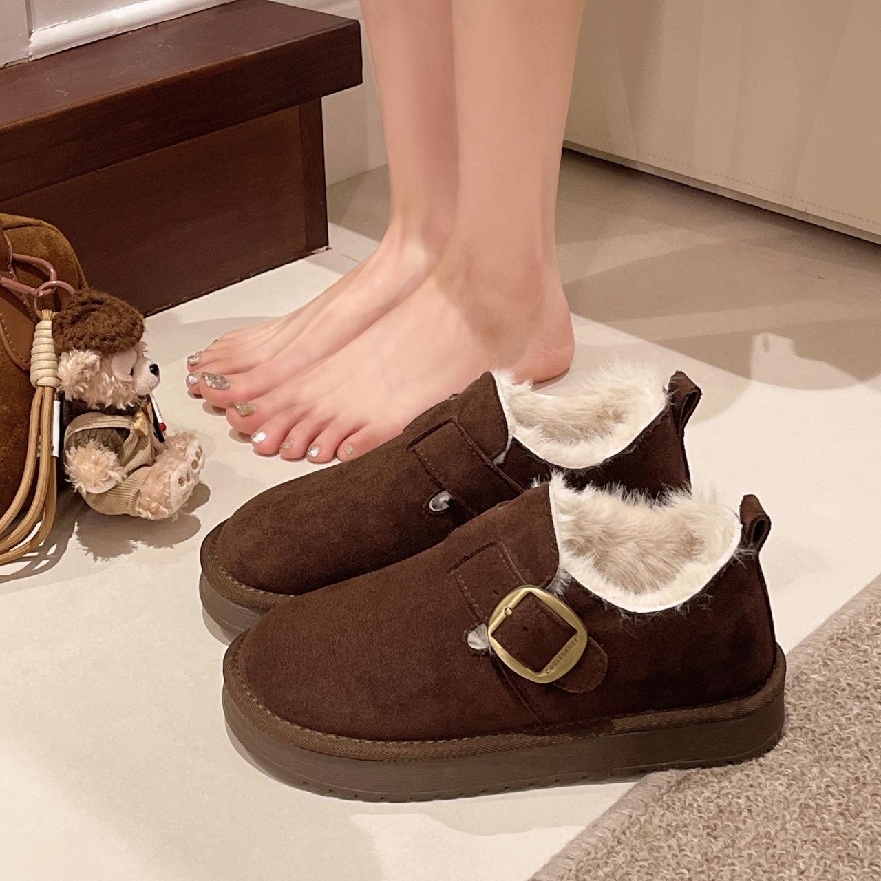 

Retro fluffy women s velvet beanie shoes, new winter lazy thick-soled one-pedal warm cotton shoes 40 темно-коричневого кольору