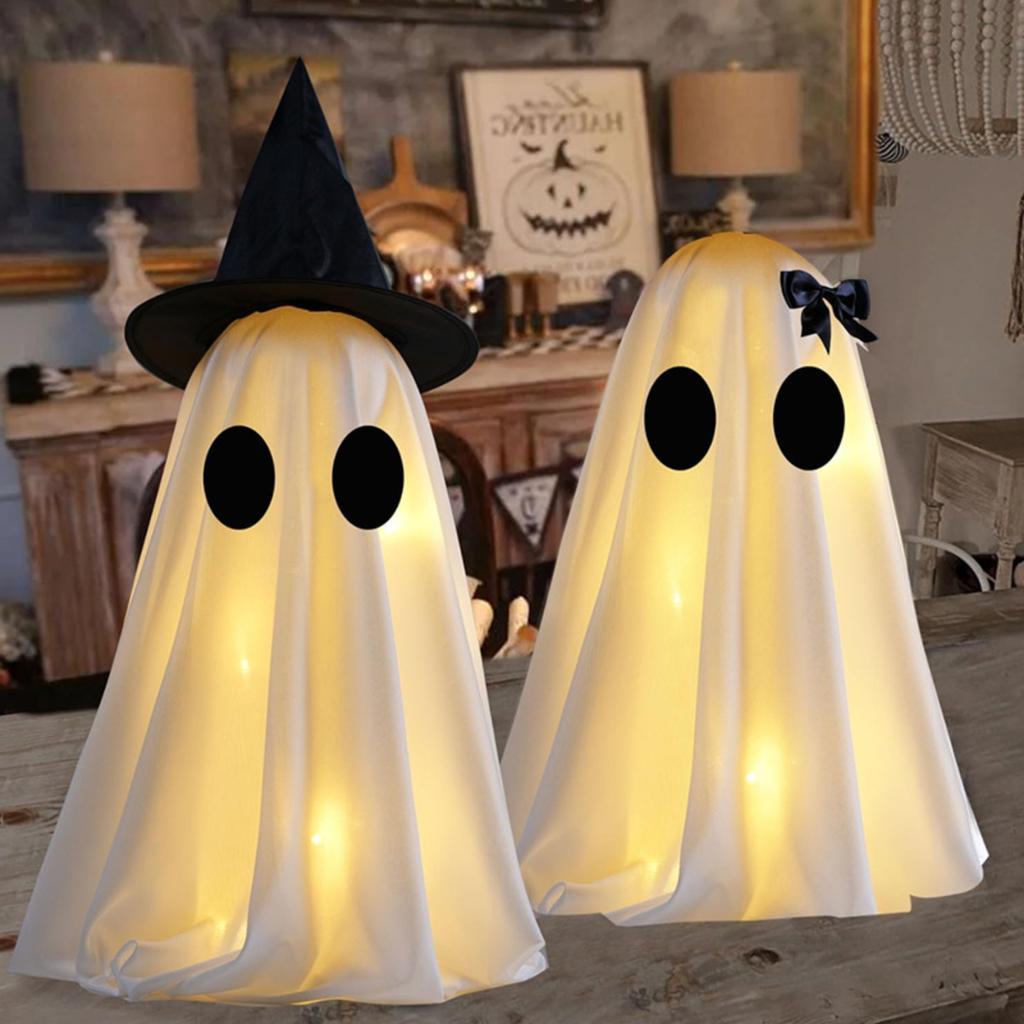 Outdoor Halloween Tabletop Ghost Decoration with Witch Hat Lightweight Fabric Cover for Porch and Garden Seasonal Party Decor