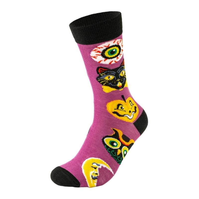 Halloween Themed Cotton Socks Elastic Cuffs Breathable Fabric Practical Wear Festive Ghosty Pumpkin Patterns