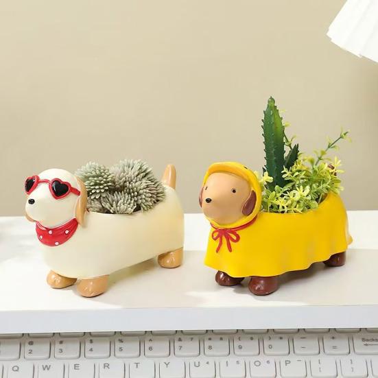 Resin Dachshund Planter, Decorative Small Plant Pot with Drainage Hole, Cute Puppy Planter for Succulents Small Indoor Plants