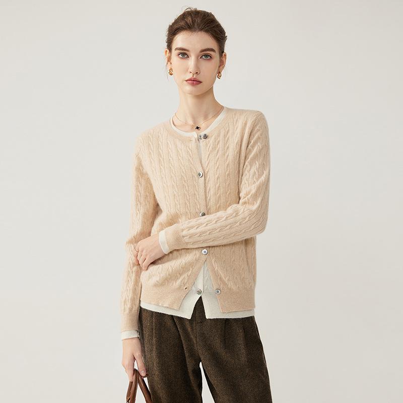 Round Neck Cable Knit Cashmere Color Block Cardigan - 2026 Autumn/Winter Women's Elegant Fake Two-Piece Style.