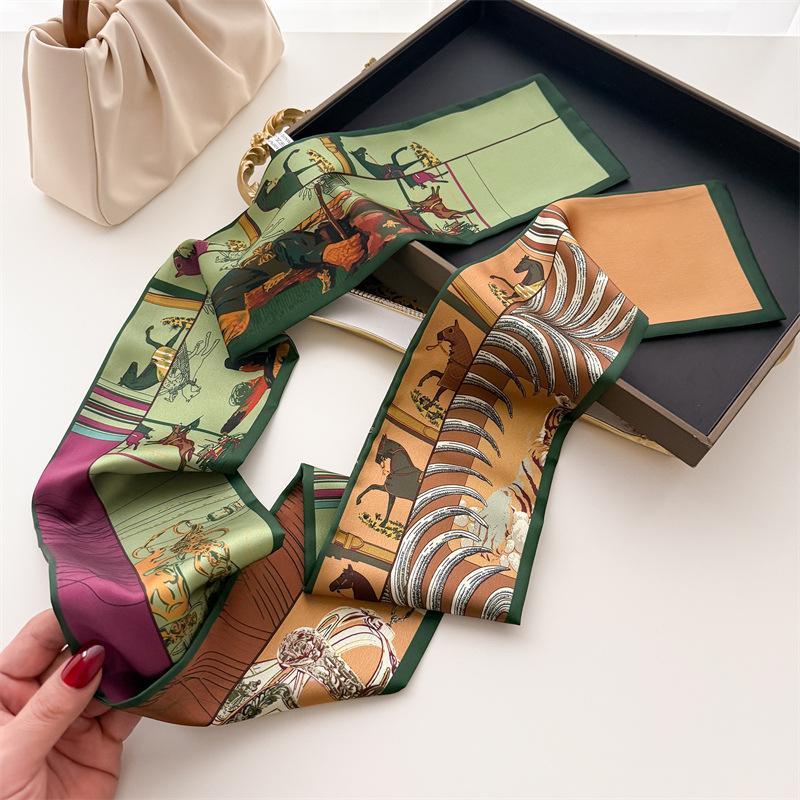Luxurious Double-layered Scarf with Tassels, Tie-on Decoration, Suit Necktie, Small Strip Headband, Silk Scarf, Women's Printed