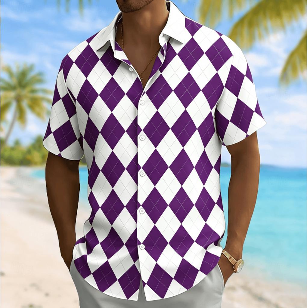 Chemise à manches courtes imprimé argyle pour homme, Chemisier décontracté à col rabattu pour le printemps et l'été, Haut coupe ample