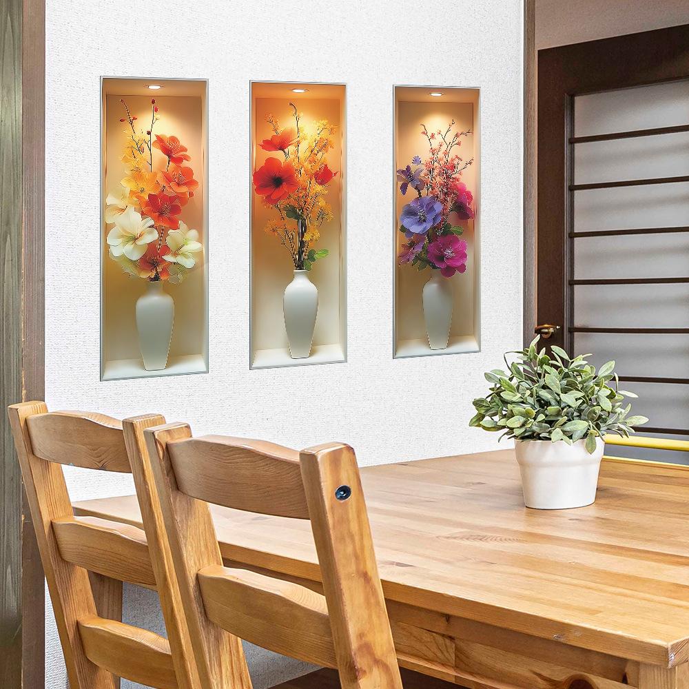 Artificial Flower Potted Plant Triptyl Stickers for Beautifying The Living Room and Dining Room Walls