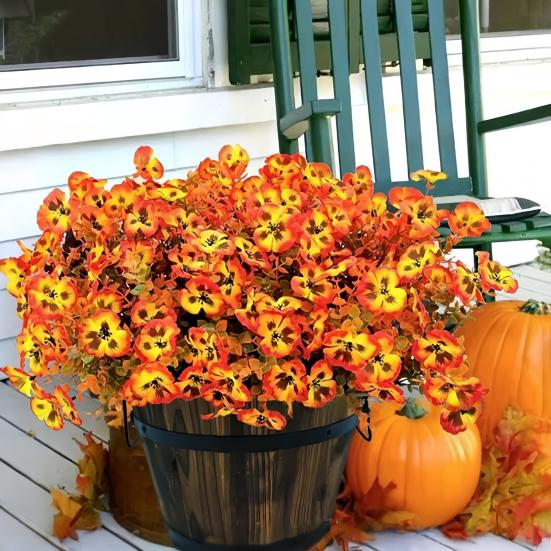 Artificial Pansy Flowers Faux Pansy Blooms with Eucalyptus Leaves UV Resistant Fake Pansy Bundle for Window Box Porch Home Autumn Harvest Decoration