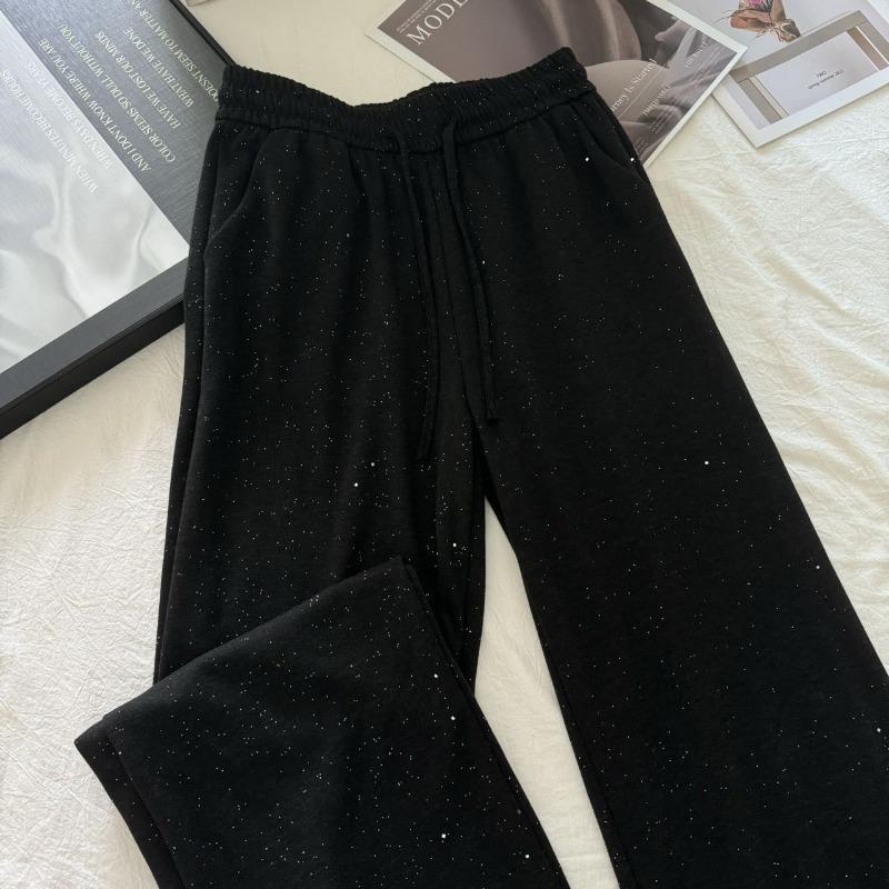 Autumn Winter Elastic High Waist Loose Casual Sequins Wide Leg Pants Women All-match Straight Sweatpants Trousers