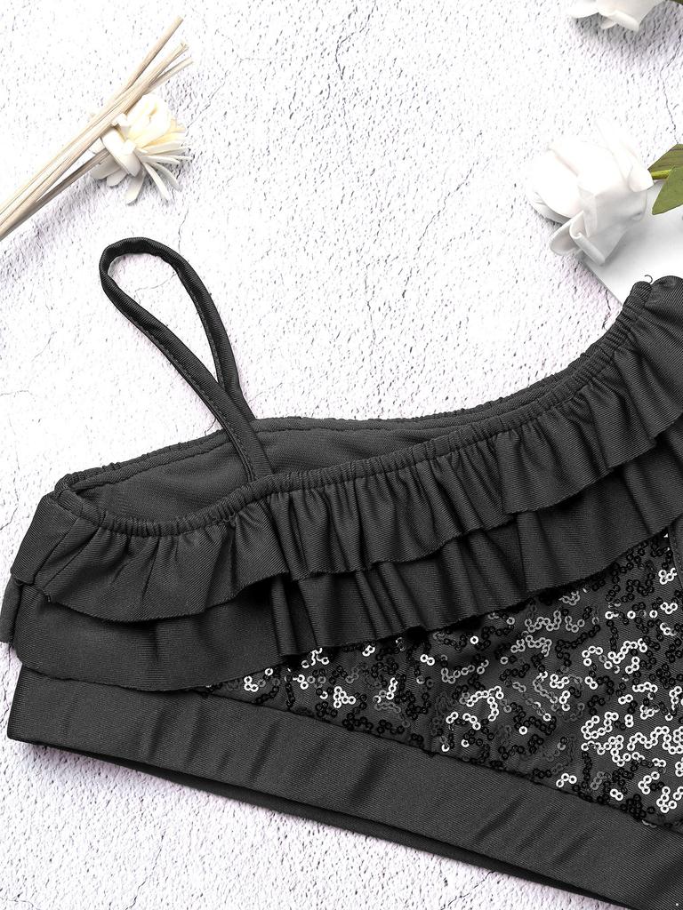 Dziecięce dziewczęce błyszczące cekiny podkoszulek bez rękawów nowoczesne kostiumy do tańca gimnastyczne stroje taneczne