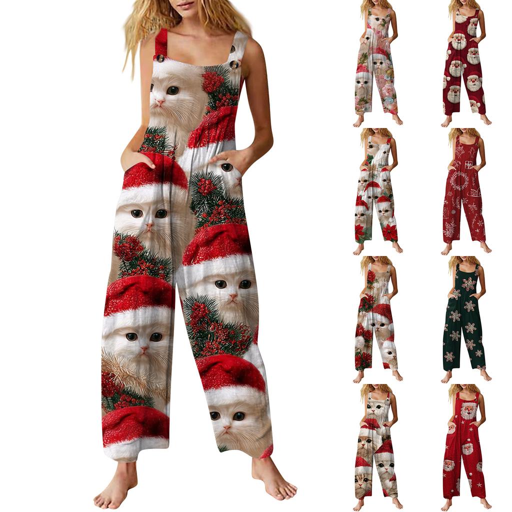Women's Casual Jumpsuit Sleeveless Christmas Printed Cotton Jumpsuit