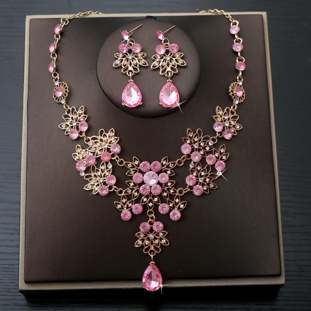 

3 шт. Дворцовый Классический Стиль Барокко Кристалл Свадебный Стразы Ожерелье Серьги Высококлассный Роскошный Банкет Вечеринка Платье Набор Цирконий 57cm розовый