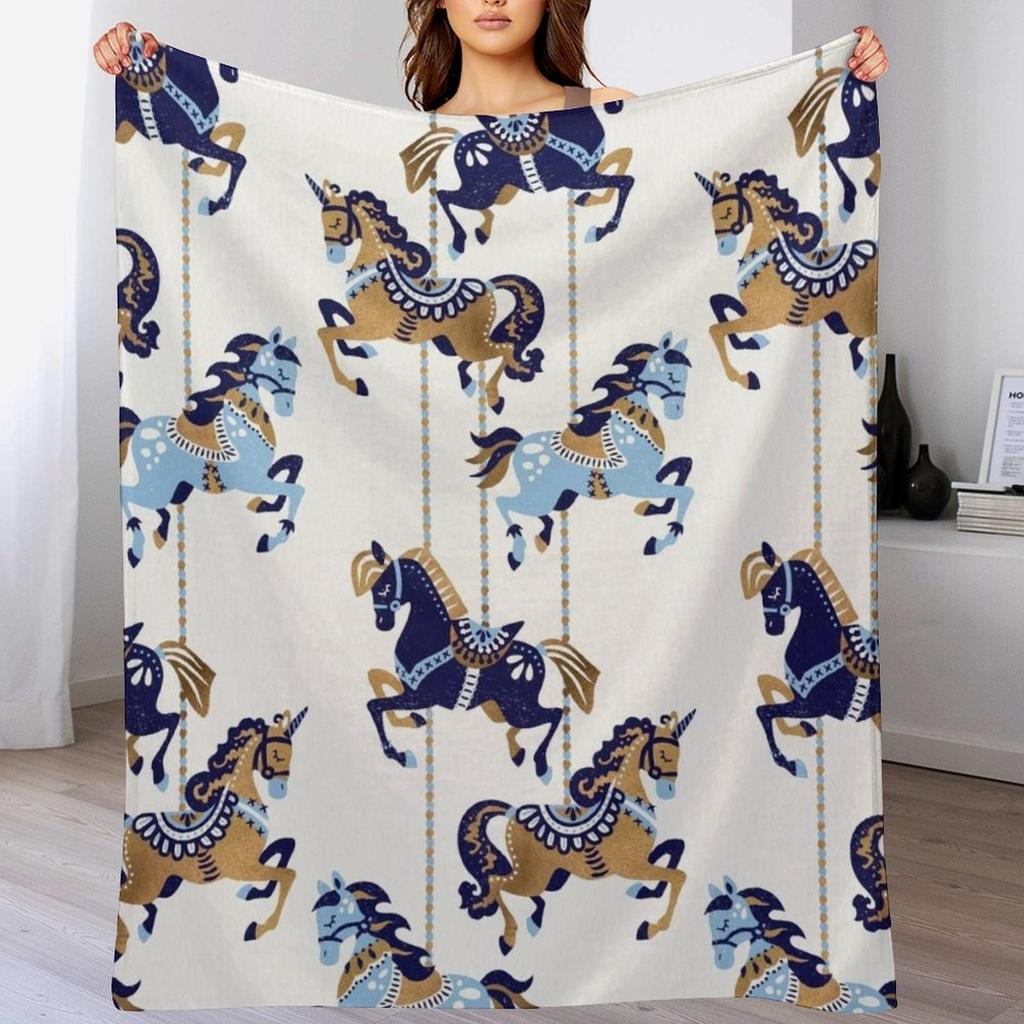 Carousel Horses A?? Copper Blue Throw Blanket Flannel Fleece Soft Warm Throw Blanket