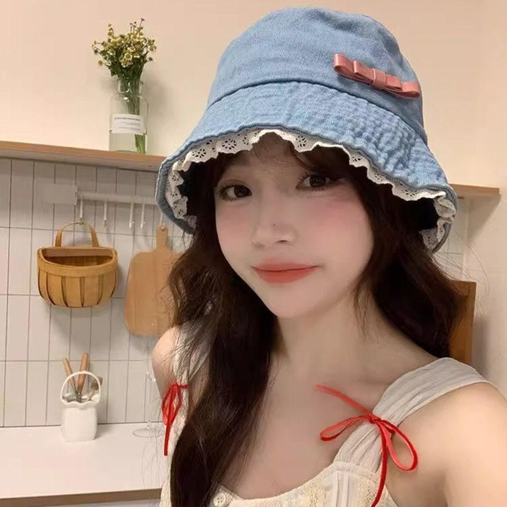 Y2K Denim Bucket Hat Big Brimmed Bow Sunscreen Hat Fashion Lace Fisherman Hat  Climbing