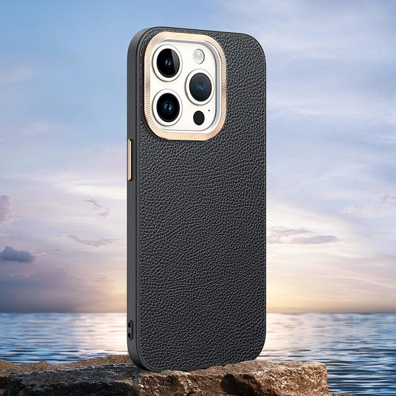 For iPhone 15 Pro PU Leather+TPU Phone Case Anti-Scratch Metal Lens Frame Cell Phone Cover