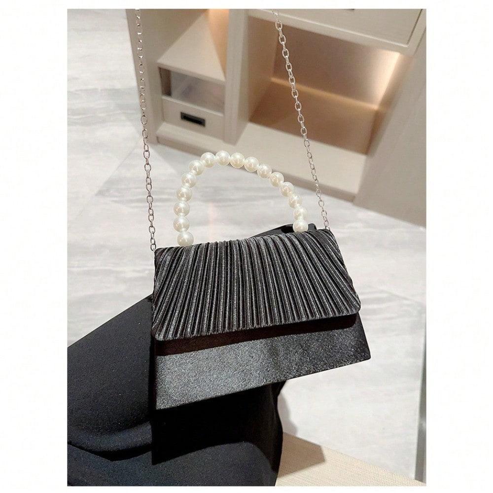 Dinner Bag Pearl String Handbag Dress Evening Bag Folded Flip Bag Women's Small Square Bag