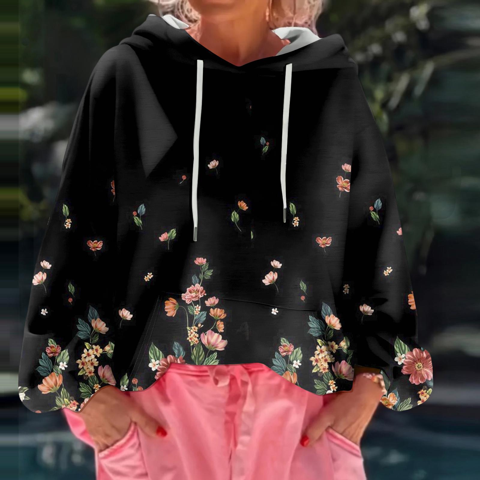 

Женский худи свободного кроя с цветочным принтом и длинными рукавами L чёрный
