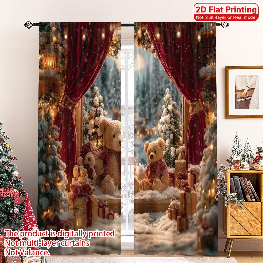

Flat Printing Merry Christmas Popular Curtains Red Winter Polyester Without Electricity Versatile Multipurpose Curtain Set Of 2 Made Washable W100*H70(CM)-Grommet top&1PCS